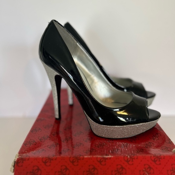 Guess Black and Silver Peep Toe HeelsSize 7 - Picture 1 of 14